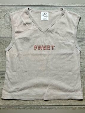 Get Lucky Light Beige V-Neck Tank with Red Rhinestone SWEET